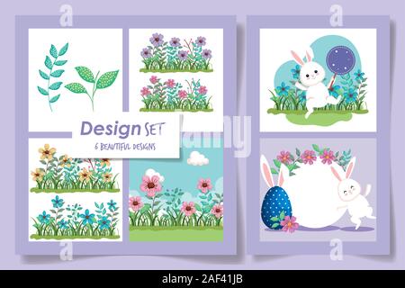Sechs Designs von Ostern Kaninchen mit Blumen Stock Vektor