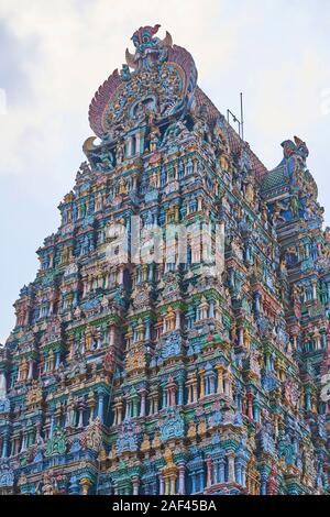 Ein Blick auf die Straße von Meenakshi Amman Tempel in Madurai Stockfoto