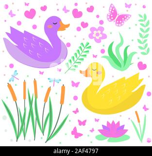 Niedliche Ente stellen Sie die Objekte. Sammlung Design Elemente mit Schilf, Seerosen, Blumen, Pflanzen. Kinder Baby clipart lustig lächelnd Tier. Vektor Stock Vektor