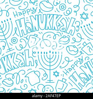 Happy Chanukka nahtlose Muster Hintergrund. Urlaub Symbole: menora (Leuchter), Kerzen, Donuts, Dreidel. Happy Chanukka. Vector Illustration Hand gezeichnet doodles Stil. Stock Vektor