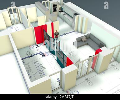 Architektonische Umgestaltung einer Wohnung, Umformulierung der Innenräume aus dem planimetrischen Karte von einem Haus. Projekt Variation. Stockfoto