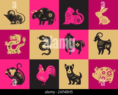 Chinesisches neues Jahr, Sternzeichen, papercut Icons und Symbole. Vektorgrafiken Stock Vektor