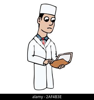 Weiß jung cartoon Arzt in einem Mantel mit einem Ordner mit einem Fall Geschichte. isolierte Lager Vector Illustration Stock Vektor