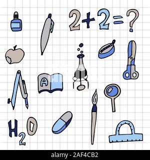 Einstellen der Schule Dinge karierten Blatt. doodle Vektor illustration Stock Vektor