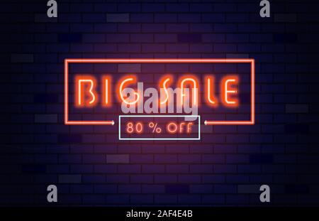 Verkauf banner Vorlage Neonlicht Stil. Big Verkauf 80% Rabatt. Sonderangebot Saison. 2020 Farbe des Jahres. Stock Vektor