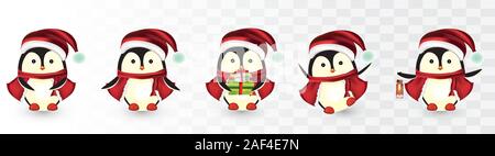 Sammlung von Weihnachten Pinguine isoliert auf transparens Hintergrund. Weihnachten Zeichen. Kleine Pinguine. Pinguine mit Geschenk Geschenke. Icon Set Stock Vektor