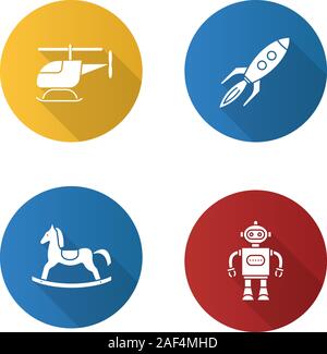 Kinder Spielzeug flache Bauweise lange Schatten Glyphe Symbole gesetzt. Hubschrauber, Roboter, Schaukelpferd, Rakete. Vektor silhouette Abbildung Stock Vektor