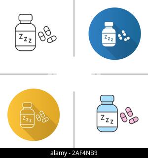 Schlaftabletten Symbol. Flache Bauweise, lineare und Farbe Stile. Mit Medikamenten und zzz Symbol Flasche. Isolierte Vektorgrafiken Stock Vektor