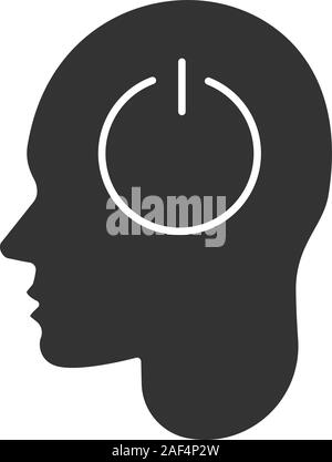 Menschlichen Kopf mit Netzschalter, innen Glyph icon. Gehirn ausschalten. Silhouette Symbol. Künstliche Intelligenz. Negativer Platz. Vektor isoliert illustr Stock Vektor