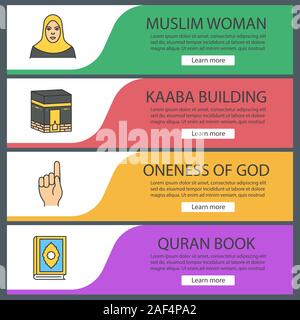 Die islamische Kultur Web Banner Vorlagen eingestellt. Muslimische Frau, Gott Geste, Kaaba, quran Buch. Website Farbe Menüpunkte. Vektor header Design Konzepte Stock Vektor