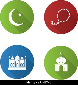 Die islamische Kultur flache Bauweise lange Schatten glyph Icon. Halbmond und Stern, Moscheen, misbaha. Vektor silhouette Abbildung Stock Vektor