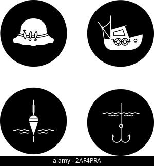Angeln Glyphe Symbole gesetzt. Angeln float, Fisherman's Hut, Boot, Angelhaken. Vektor weisse Silhouetten Abbildungen in schwarzen Kreisen Stock Vektor