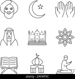 Die islamische Kultur lineare Symbole gesetzt. Muslimischen Mann, Ramadan Mond, islamischen Gebet, Moschee, Koran, muslim Stern. Thin Line Kontur Symbole. Isolierte vecto Stock Vektor