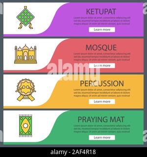 Die islamische Kultur Web Banner Vorlagen eingestellt. Ketupat, Moschee, Daf, beten Mat. Website Farbe Menüpunkte. Vektor header Design Konzepte Stock Vektor