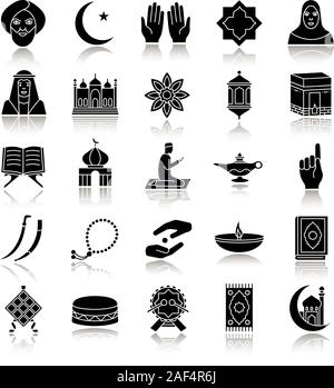 Die islamische Kultur Schatten schwarz Glyphe Symbole gesetzt. Muslimische Attribute. Religion Symbolik. Isolierte Vektorgrafiken Stock Vektor