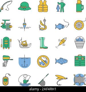 Die Farbe der Symbole festlegen. Angelausrüstung. Fisch, Köder, Haken, anzugehen, Boot, Stange, Fisherman, Thermoskanne, Echolot, einheitlich. Isolierte Vektor illustrati Stock Vektor