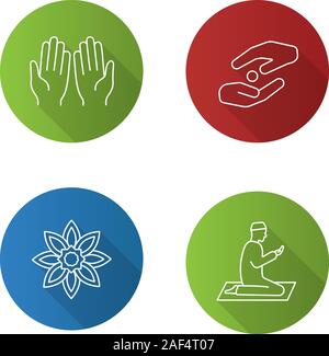 Die islamische Kultur flache Bauweise lange Schatten glyph Icon. Betende Hände und Muslime, islamische Sterne, zakat. Vektor silhouette Abbildung Stock Vektor