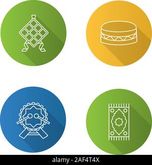 Die islamische Kultur flache Bauweise lange Schatten glyph Icon. Ketupat, daf Drums, betend Mat. Vektor silhouette Abbildung Stock Vektor