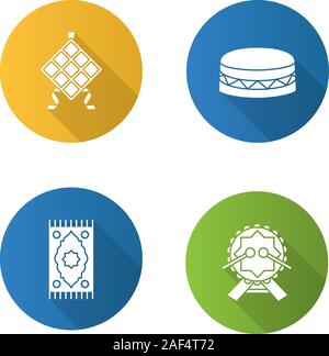 Die islamische Kultur flache Bauweise lange Schatten glyph Icon. Ketupat, daf Drums, betend Mat. Vektor silhouette Abbildung Stock Vektor