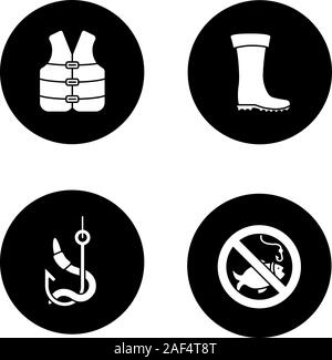Angeln Glyphe Symbole gesetzt. Schwimmweste, Köder, Gummimanschette, keine Fischerei unterzeichnen. Vektor weisse Silhouetten Abbildungen in schwarzen Kreisen Stock Vektor