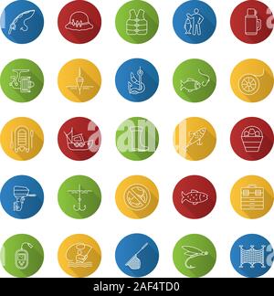 Angeln Flachbild lineare lange Schatten Symbole gesetzt. Angelausrüstung. Fisch, Köder, Haken, anzugehen, Boot, Stange, Fisherman, Thermoskanne, Echolot, einheitlich. Vector o Stock Vektor