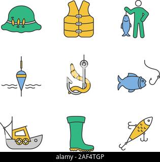 Die Farbe der Symbole festlegen. Fisherman's Hut, Schwimmweste, Fangen, Schwimmer, Köder, Haken, Schiff, Schlauchboot, Locken. Isolierte Vektorgrafiken Stock Vektor