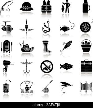 Angeln Drop Shadow schwarz Glyphe Symbole gesetzt. Angelausrüstung. Fisch, Köder, Haken, anzugehen, Boot, Stange, Fisherman, Thermoskanne, Echolot, einheitlich. Isoliert Stock Vektor