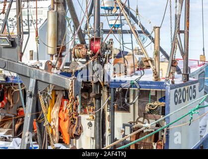 Detail von einem Fischerboot an einem kalten Wintertag in Montauk, New York Stockfoto