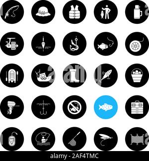 Angeln Glyphe Symbole gesetzt. Angelausrüstung. Fisch, Köder, Haken, anzugehen, Boot, Stange, Fisherman, Thermoskanne, Echolot, einheitlich. Vektor weisse Silhouetten i Stock Vektor