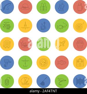 Angeln lineare Symbole gesetzt. Angelausrüstung. Fisch, Köder, Haken, anzugehen, Boot, Stange, Fisherman, Thermoskanne, Echolot, einheitlich. Thin Line outline Symbole Stock Vektor