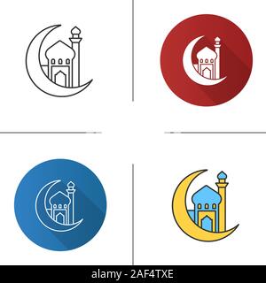 Moschee mit Ramadan durch das Symbol "Mond". Flache Bauweise, lineare und Farbe Stile. Halbmond. Die islamische Kultur. Muslimische Anbetung statt. Isolierte Vektor illustratio Stock Vektor