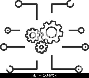 Geräteeinstellungen lineare Symbol. Zahnräder System. Cyberspace. Dünne Linie Abbildung. Computing. Kontur Symbol. Vektor isoliert Maßbild Stock Vektor