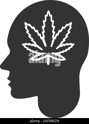 Menschlichen Kopf mit Marihuana Blatt glyph Icon. Drogensucht. Silhouette Symbol. Schlechte Gewohnheit. Negativer Platz. Vektor isoliert Abbildung Stock Vektor