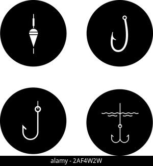 Angeln Glyphe Symbole gesetzt. Angeln Schwimmen und Haken. Vektor weisse Silhouetten Abbildungen in schwarzen Kreisen Stock Vektor
