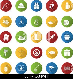 Angeln flache Bauweise lange Schatten Glyphe Symbole gesetzt. Fisch, Köder, Haken, anzugehen, Boot, Stange, Fisherman, Thermoskanne, Echolot, einheitlich. Vektor silhouette krank Stock Vektor