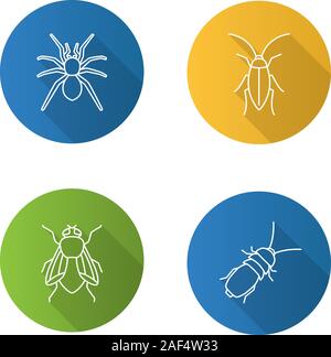 Insekten Flachbild lineare lange Schatten Symbole gesetzt. Spider, Kakerlake, Stubenfliege, stinken Bug. Vektor Kontur Abbildung Stock Vektor
