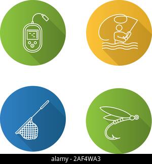 Angeln Flachbild lineare lange Schatten Symbole gesetzt. Fliegenfischen, Echolot, Kescher, Insekten anzulocken. Vektor Kontur Abbildung Stock Vektor