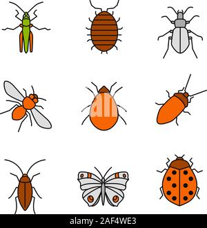 Insekten farbige Symbole gesetzt. Grasshopper, Asseln, Käfer, Honey Bee, Milben, Kakerlaken, Schmetterling, Marienkäfer. Isolierte Vektorgrafiken Stock Vektor