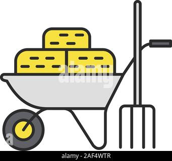 Schubkarre mit Heu- und heugabel Farbe Symbol. Landwirtschaftliche Arbeiten. Isolierte Vector Illustration Stock Vektor