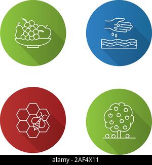 Landwirtschaft Flachbild lineare lange Schatten Symbole gesetzt. Landwirtschaft. Schüssel mit Obst, Aussaat, Imkerei, Obstbaum. Vektor Kontur Abbildung Stock Vektor