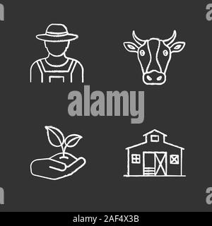 Landwirtschaft chalk Symbole gesetzt. Bauer, Kuhkopf, sprießen in der Hand, Stallgebäude. Isolierte vektor Tafel Abbildung Stock Vektor