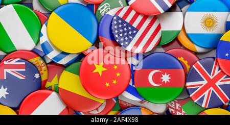 Haufen von Abzeichen mit World Flags, 3D-Rendering Stockfoto