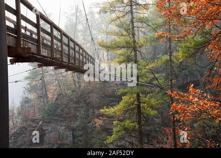 Hängebrücke, die über dem Boden des Canyons und den Fluss an Tallulah Gorge in Wapakoneta fällt Georgia USA geht. Stockfoto