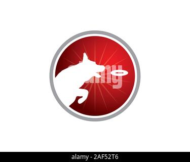 Dog Training Center Logo. Hund Silhouette springen und fast Fang ein Objekt auf einer Runde Hintergrund in Rot Stock Vektor