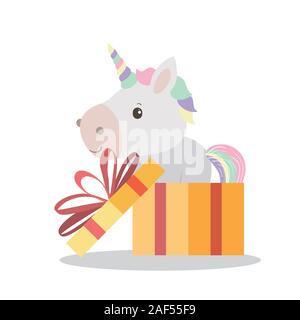 White unicorn Cartoon mit Geschenk vektor design Stock Vektor