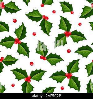 Vector Weihnachten nahtloses Muster mit holdigen Beeren und Blättern auf Weiß. Stock Vektor