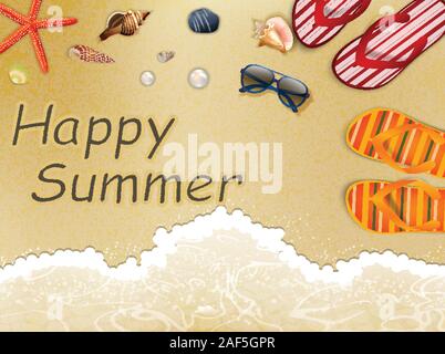 Sommer Urlaub in den Strand Gelb Sand mit Hausschuhen, Seesterne und Muscheln Stock Vektor