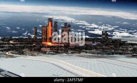 Futuristische Glas Stadt mit leuchtenden Fenstern. Leuchtende Straßen und helle Blitze zwischen den Häusern. Sternenhimmel atmosphärischen Himmel im Hintergrund. 3D-illustrati Stockfoto