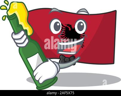 Flagge Albanien Blättern mit einer Flasche Bier Maskottchen Cartoon Stil. Vector Illustration Stock Vektor