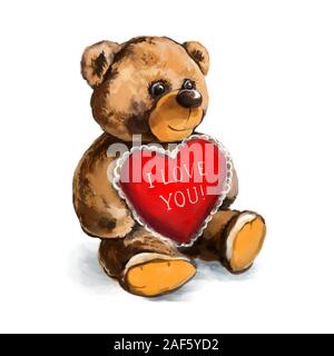 Teddy mit einem roten Herzen mit Schriftzug ich Sie in Pfoten art Illustration mit Aquarell auf weißem Hintergrund gemalt Liebe. Stockfoto